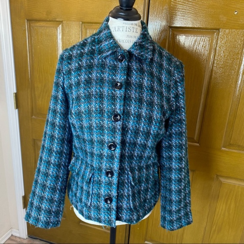 Croft & Barrow S Blue Black Plaid Tweed Blazer Coat M
